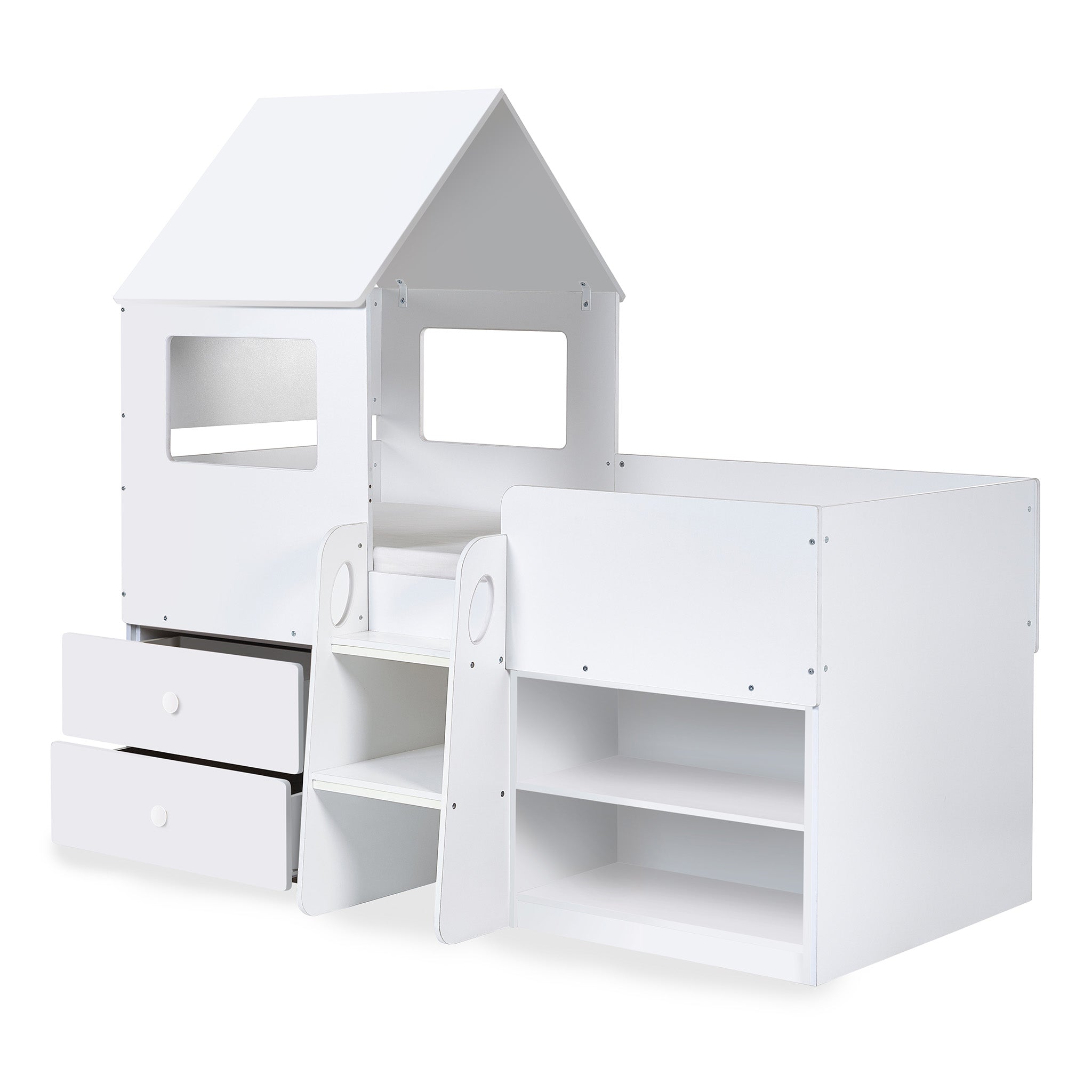 House Style Midsleeper Bed with Storage in White
